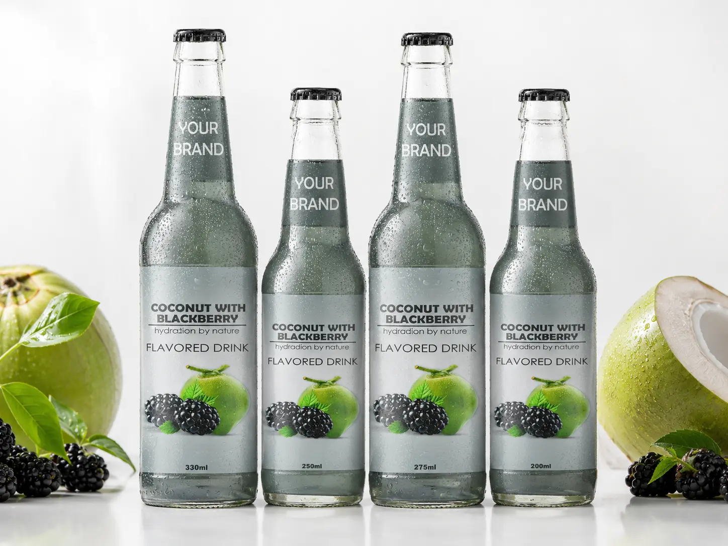 COCONUT FLAVORED DRINK blackberry flavour shown in 330ml, 250ml, 275ml, and 200ml bottles.